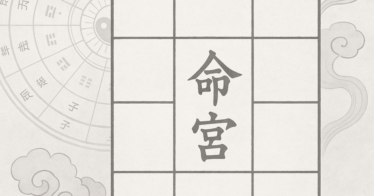 紫微斗数の命宮を中心に描かれた命盤図。白と灰色を基調に、伝統的な中国風の雲や円形チャートが配置されたグラフィックイラスト。