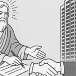 神聖な人物が契約書に署名しながら握手を交わし、その向かいに高層タワーマンションがそびえ立つモノクロのイラスト
