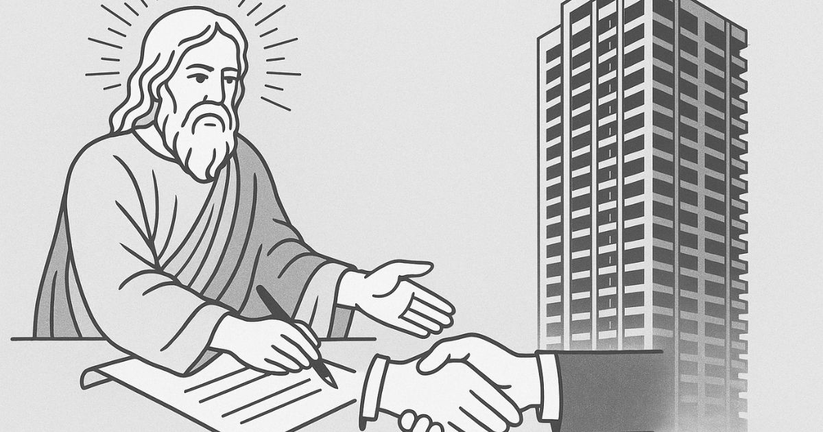 神聖な人物が契約書に署名しながら握手を交わし、その向かいに高層タワーマンションがそびえ立つモノクロのイラスト
