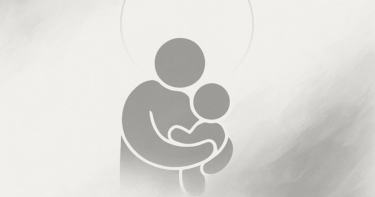 白と灰色を基調とした柔らかな抽象背景に、親が子どもを抱きしめるシルエットだけが描かれたミニマルなイラスト