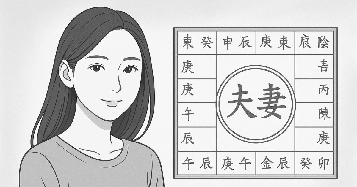 白と灰色を基調としたイラスト。落ち着いた表情の東洋人女性と、隣に描かれた“夫妻”の文字が中心にある紫微斗数の命盤図。
