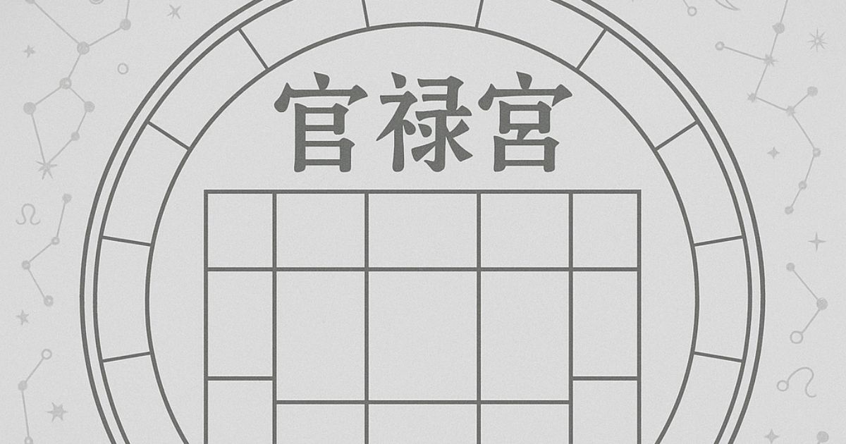 白と灰色を基調としたミニマルな円形の図形デザイン。中央に枠組みがあり、周囲に星座や天体のモチーフが配置されたシンプルな占星術風イラスト。