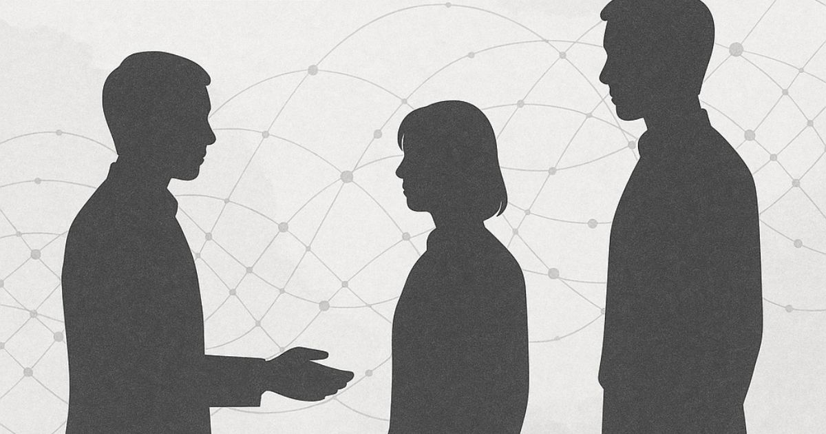 白と灰色を基調とした抽象的なイラスト。3人の人物シルエットが向かい合い、背後には人間関係を象徴するような線と点で構成されたネットワーク模様が広がっている。