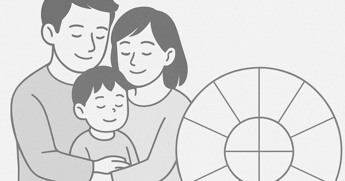 白と灰色を基調にしたイラストで、両親と子供が寄り添って微笑んでいる様子と、隣に配置された十二分割の円形図を描いたシンプルなデザイン