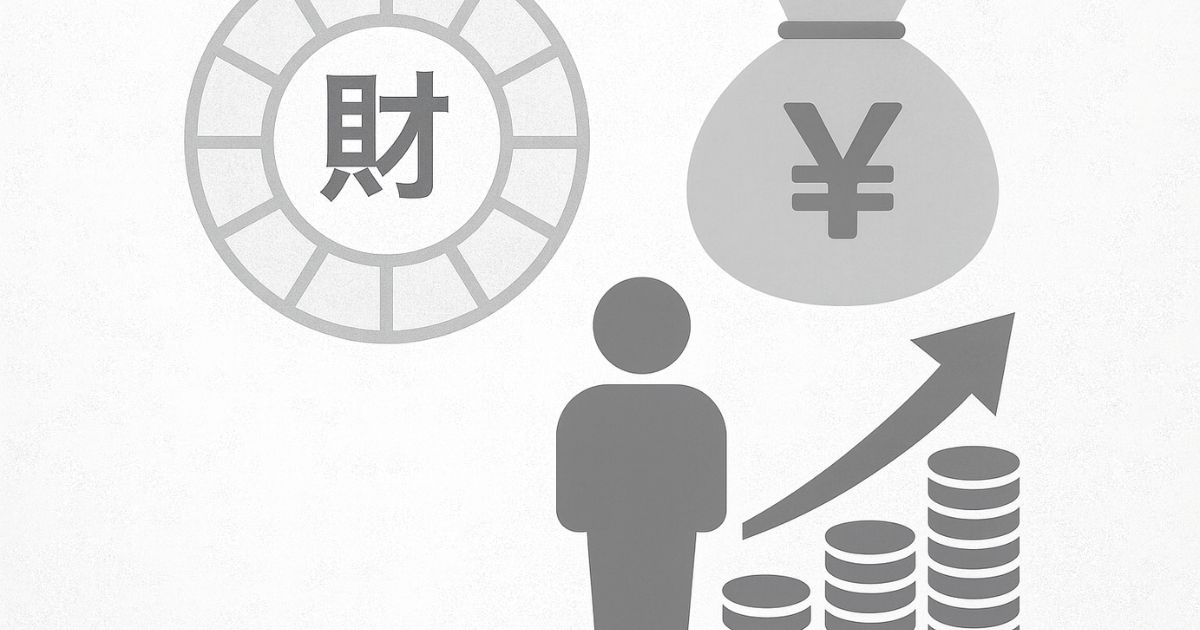 紫微斗数の財帛宮をイメージした白と灰色のミニマルなイラスト。円形チャートに財の文字、円マークのお金袋、人物とコインの山、上昇する矢印が中央に配置され、財運・お金の稼ぎ方・向いている働き方を象徴しているデザイン。