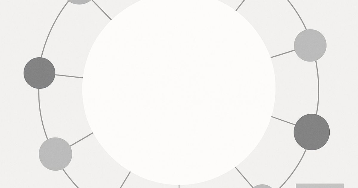 白と灰色を基調とした抽象的な幾何学模様。中央の大きな円を囲むように複数の小さな円がつながり、調和や精神的なつながりを表現している。