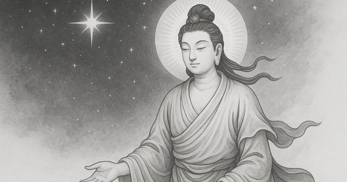 白と灰色を基調とした紫微斗数をイメージした幻想的なイラスト。星空の下、柔らかな光に包まれた人物が静かに手を差し伸べている。